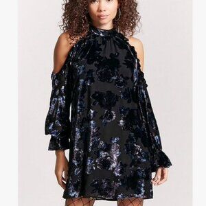 Crushed velvet floral burnout dropped sleeve waistless dress bare shoule…